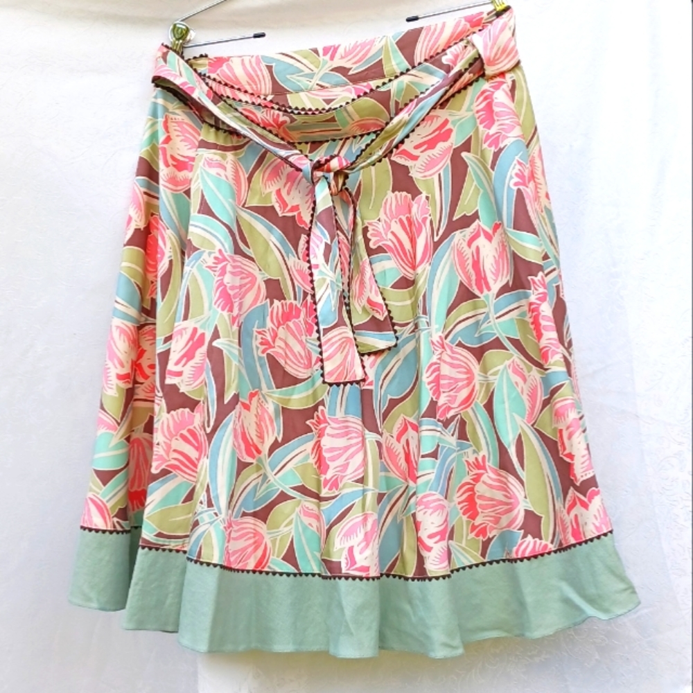 Silk Cotton A.CHENG Miss Priss  Floral Wrap Around Skirt Teal Pink Green Medium